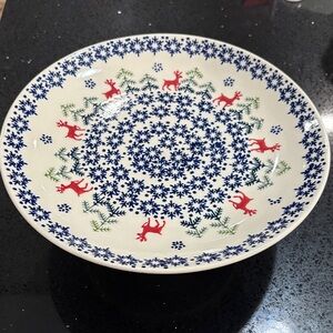 Bolestawiec Polish Pottery Festive Blue and Red Reindeer cake stand.
